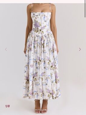 House of cb Ysabella dress Floral Midi Dress with Lilac and Blue flowers